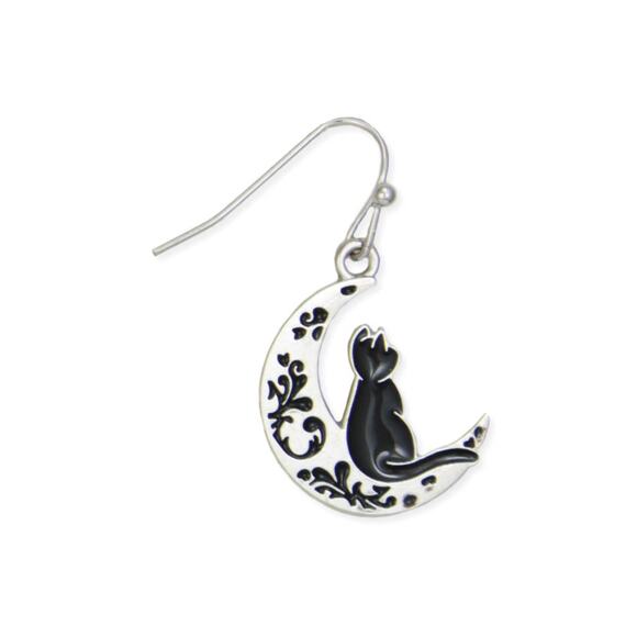 Feline Dreams Silver Moon Black Cat Earrings - Picture 2 of 2